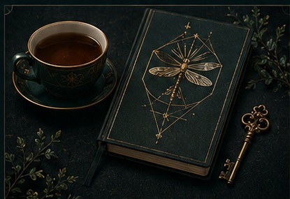 Cup of tea beside a notebook with a sacred geometry dragonfly motif and an elegant key