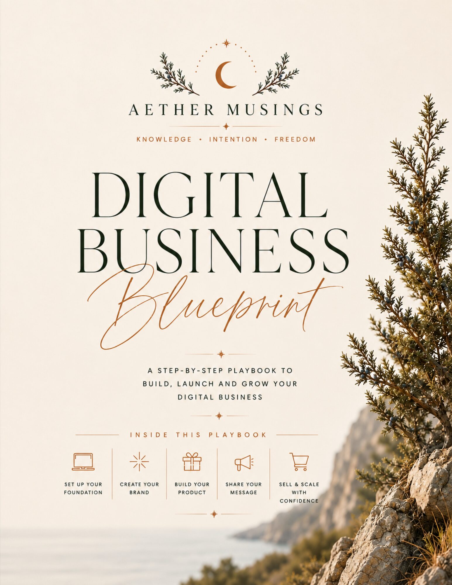Digital Business Blueprint cover, digital business startup guide with branding, product creation, marketing, and sales strategies by Aether Musings.